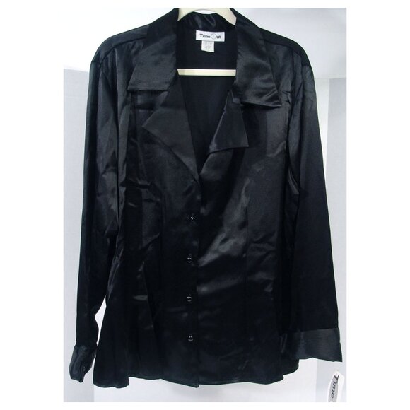 NWT Dressy Classic Black Satin Blouse 3X Button-Down Long Sleeve Cuff Time-Out - Picture 1 of 8